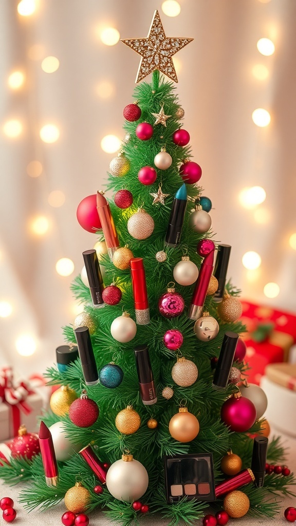 A colorful Christmas makeup tree decorated with lipsticks and ornaments, illuminated with fairy lights.